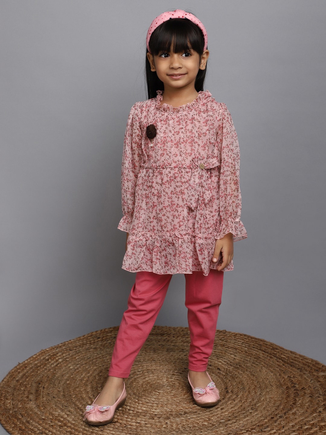 

V-Mart Girls Floral Printed Top with Leggings, Peach