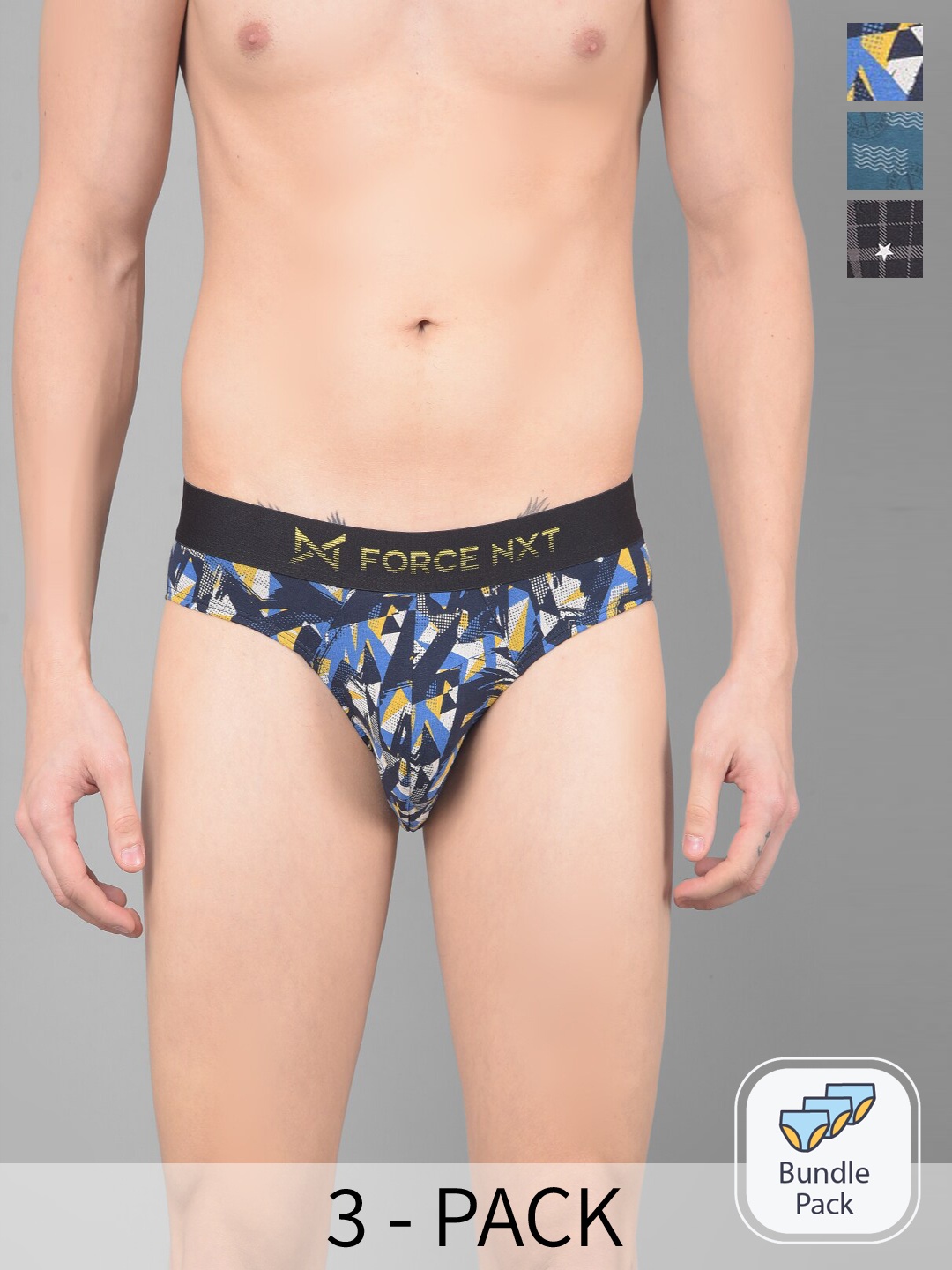

Force NXT Pack Of 3 Assorted Geometric Printed Anti Microbial Pure Cotton Basic Briefs