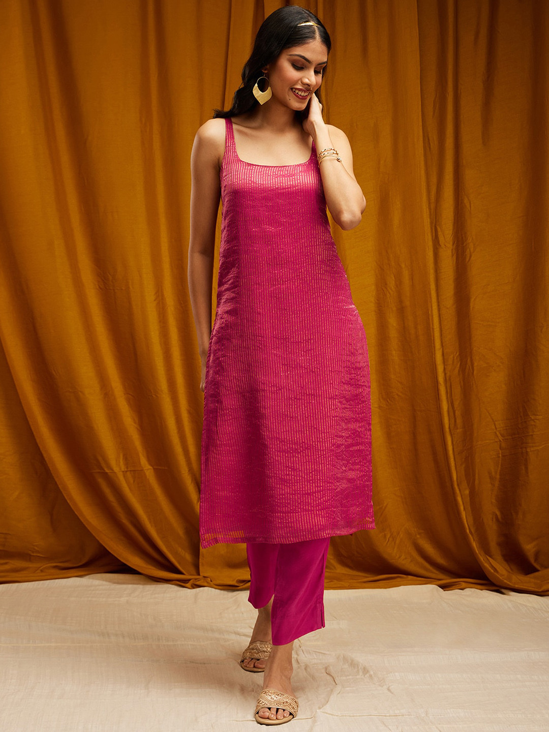 

Pink Fort Striped Sleeveless Silk Kurta
