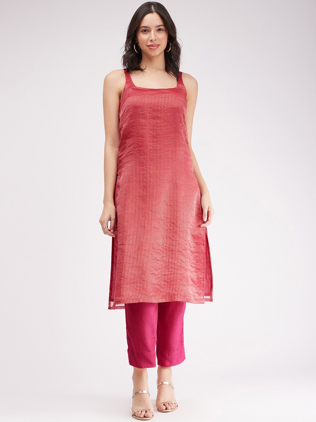 

Pink Fort Striped Square Neck Sleeveless Kurta with Trousers