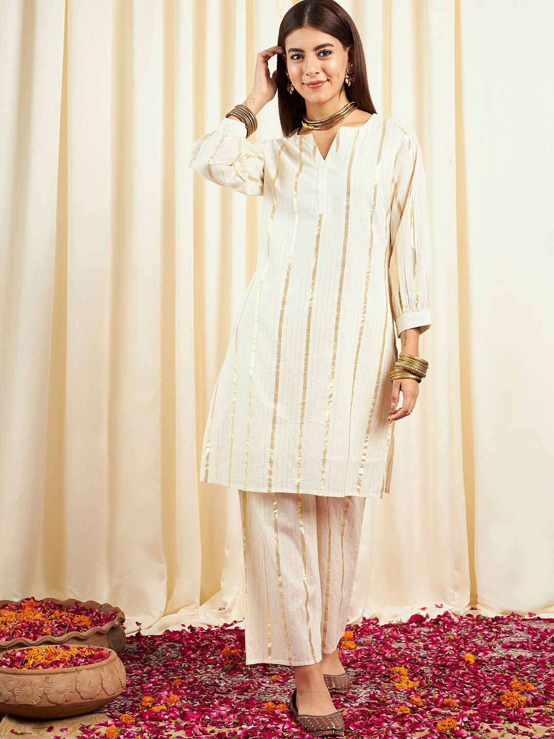 

DIVYANK Striped V-Neck Pure Cotton Straight Kurta with Trousers, Off white