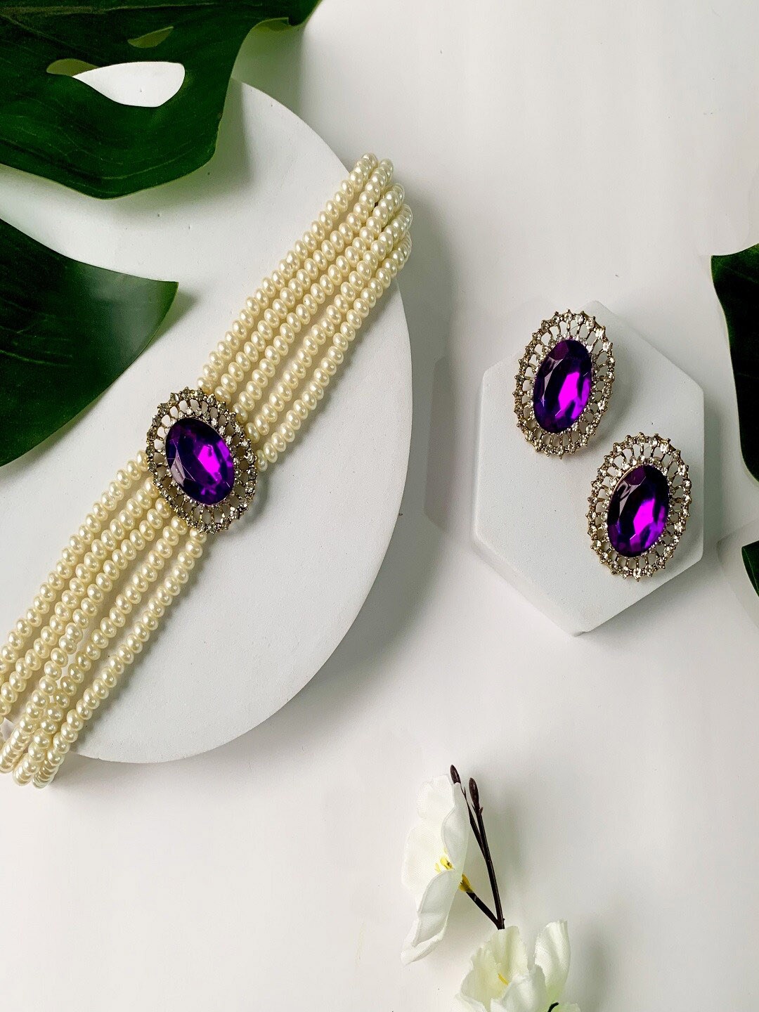 

I Jewels Gold-Plated Stone Studded Pearl Choker Necklace Jewellery Set