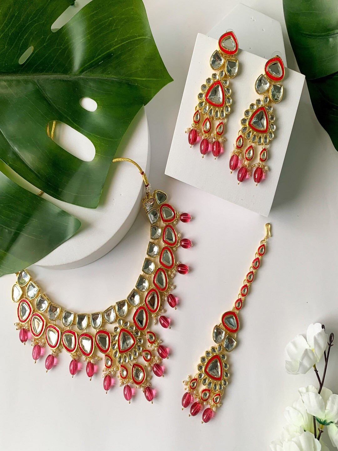 

I Jewels Gold-Plated Necklace & Earring With Maang Tika Set, Pink