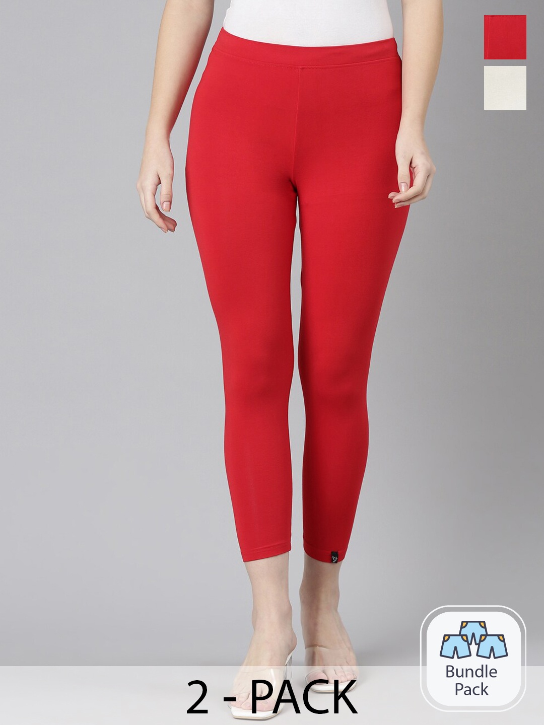 

Twin Birds Pack Of 2 Women Solid Skinny Fit High Ankle Cropped Leggings, Red