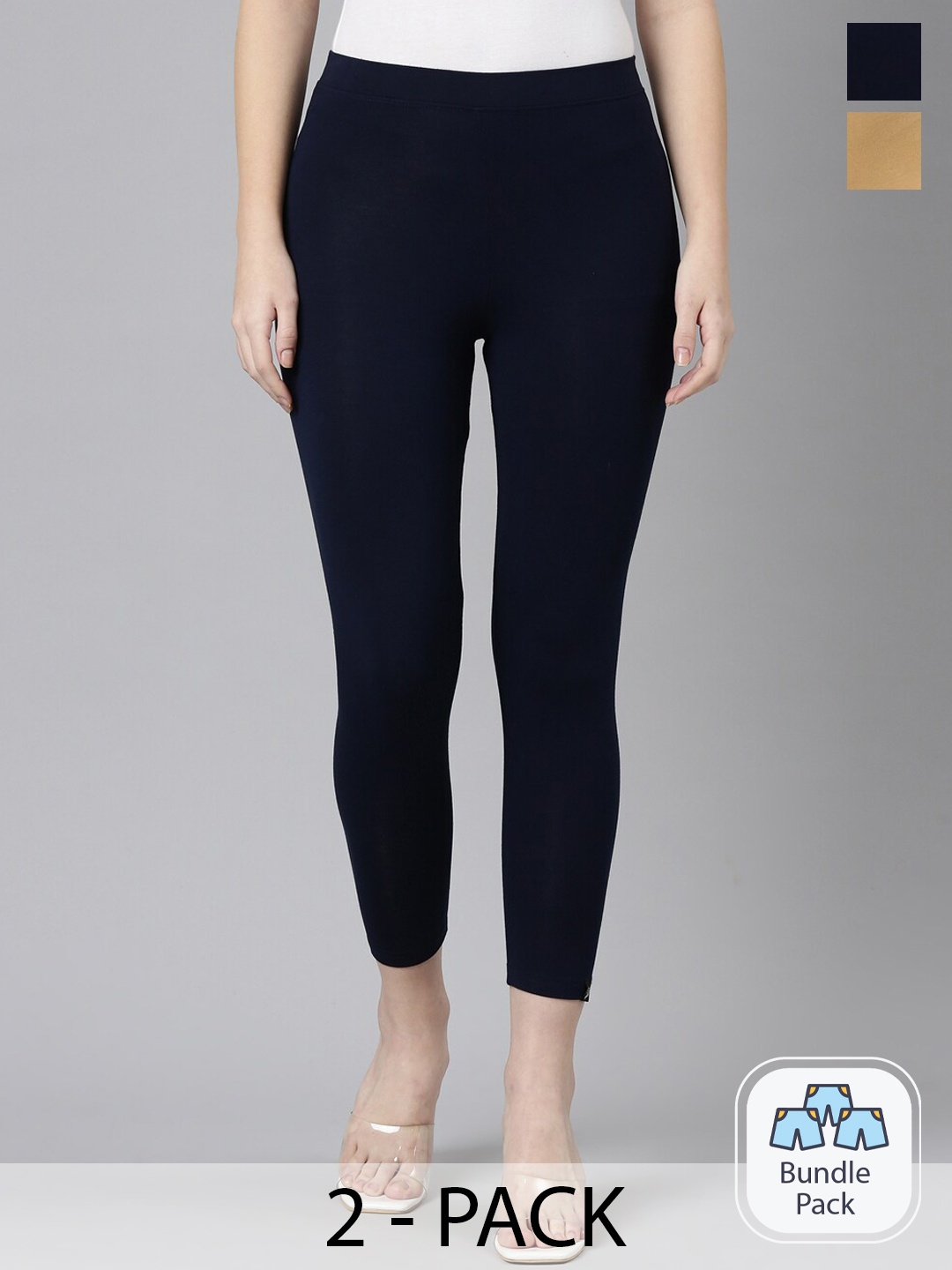 

Twin Birds Pack Of 2 Women Solid Skinny Fit High Ankle Cropped Leggings, Beige