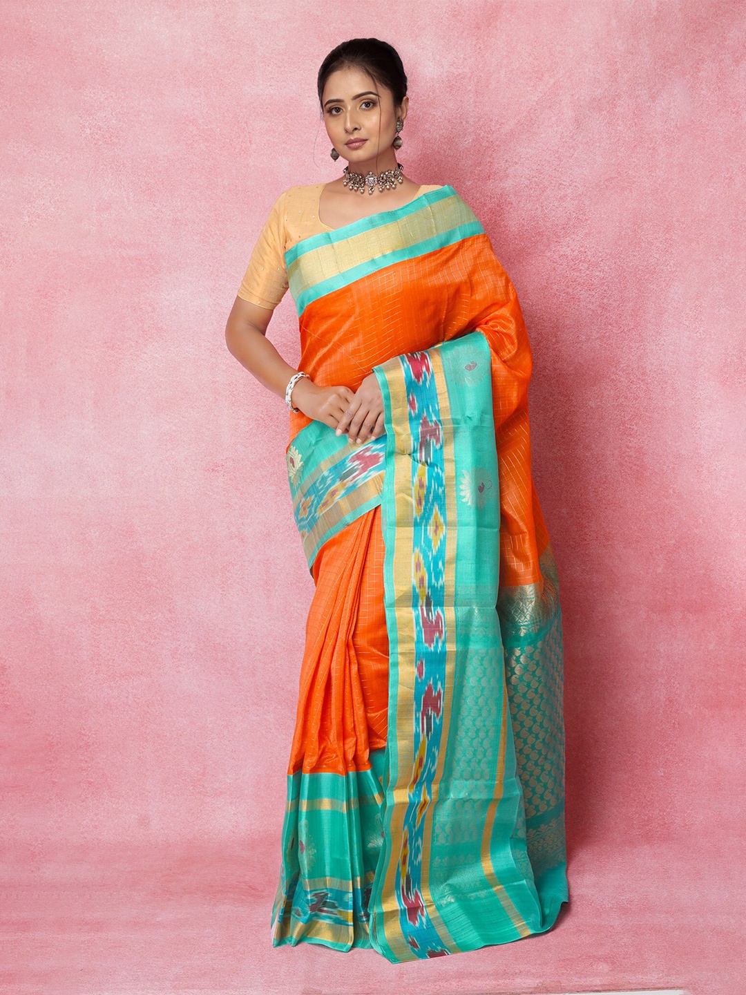 

Unnati Silks Checked Zari Pure Silk Handloom Kanjeevaram Saree, Orange