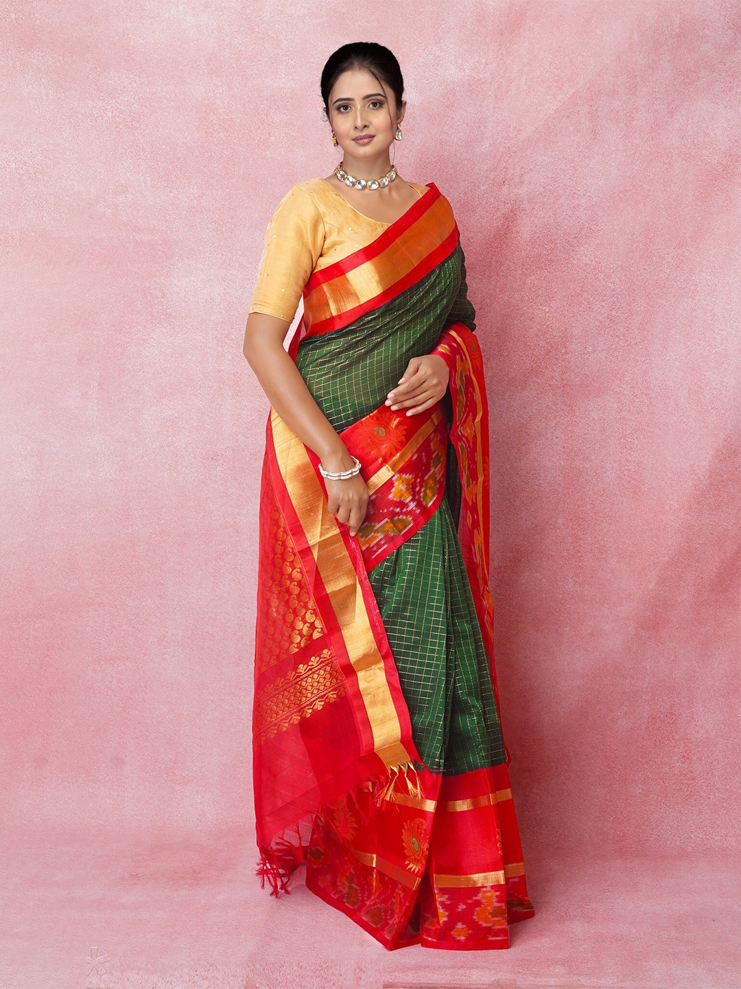 

Unnati Silks Checked Woven Design Zari Pure Silk Handloom Kanjeevaram Saree, Green