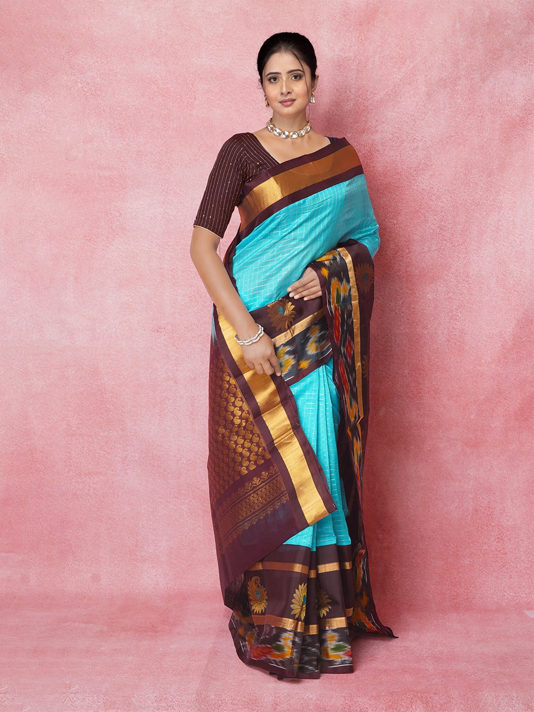 

Unnati Silks Checked Woven Design Zari Pure Silk Handloom Kanjeevaram Saree, Blue