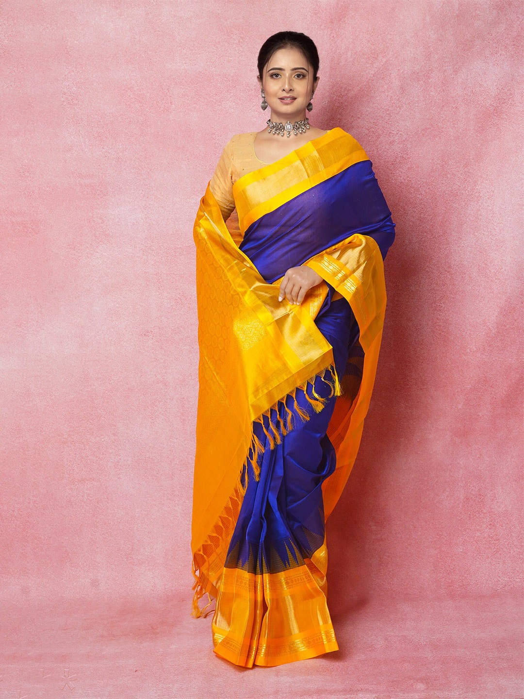 

Unnati Silks Zari Pure Silk Handloom Kanjeevaram Saree, Navy blue