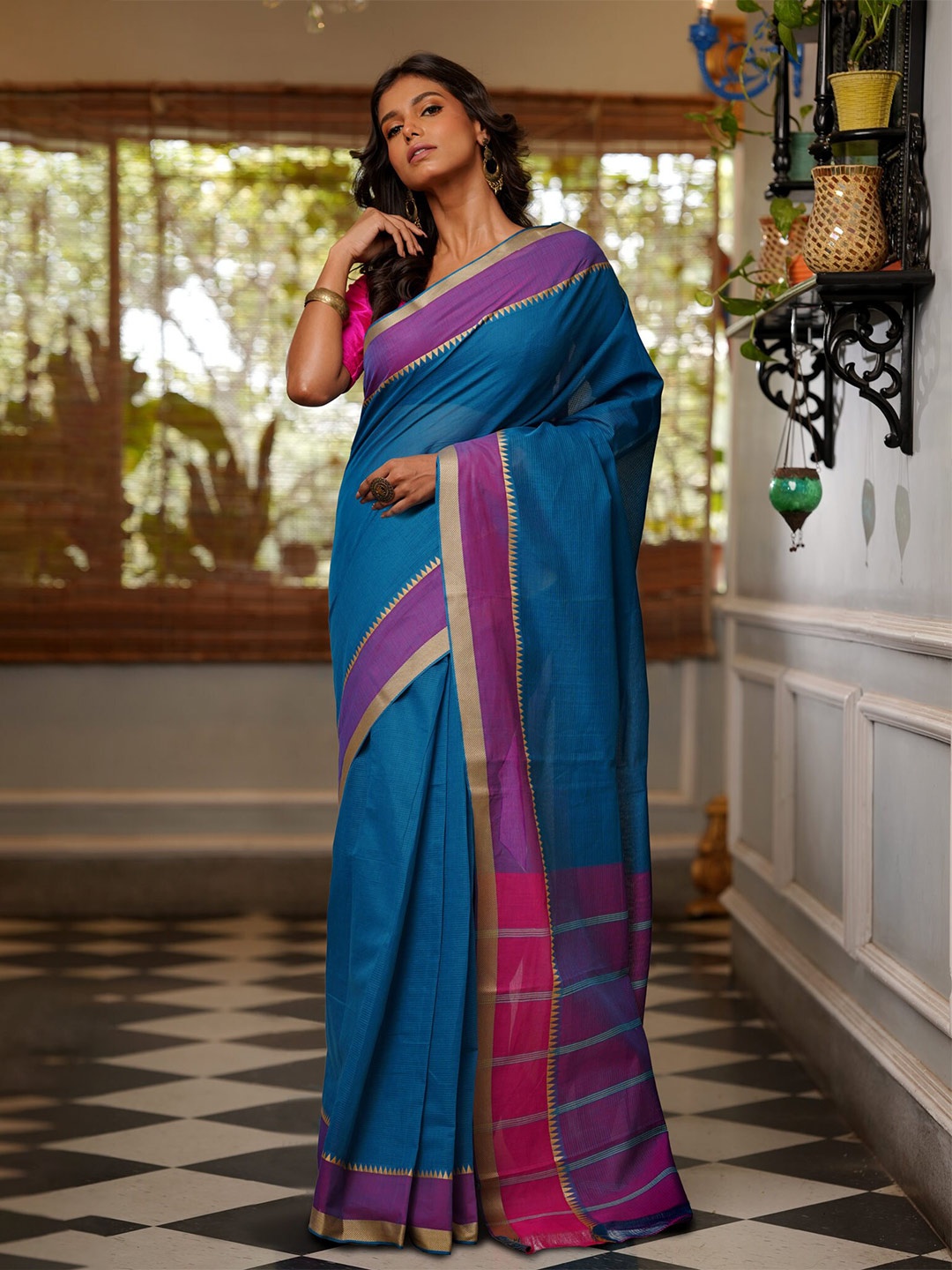 

Unnati Silks Zari Pure Cotton Handloom Mangalagiri Saree, Teal