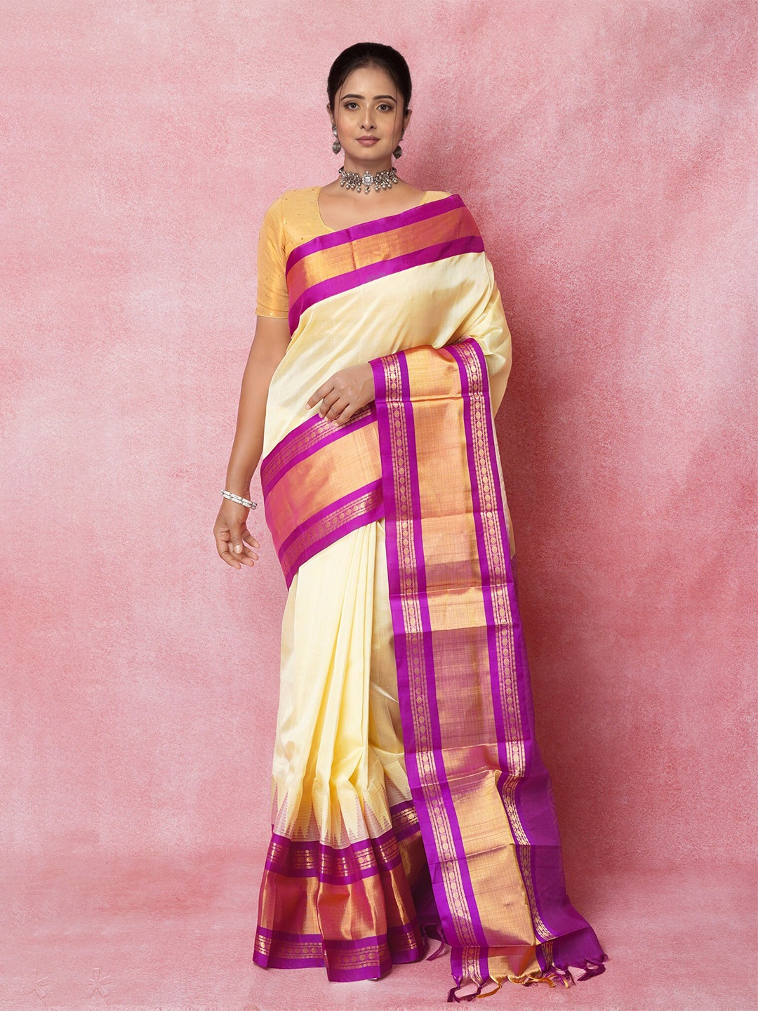 

Unnati Silks Woven Design Pure Silk Handloom Kanjeevaram Saree, Cream