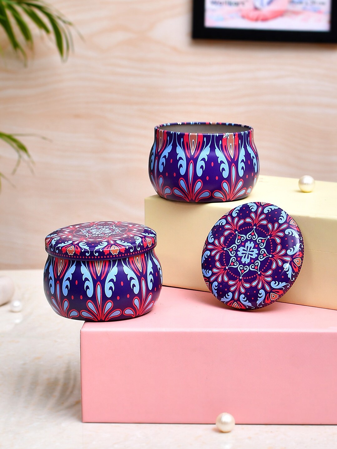 

TAYHAA Navy Blue & Pink 2 Pieces Printed Serenity Candle Jars With Lids