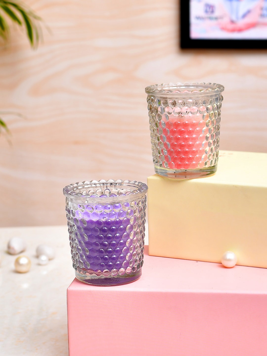 

TAYHAA 2 Pieces Purple & Peach Textured Candles with Jar
