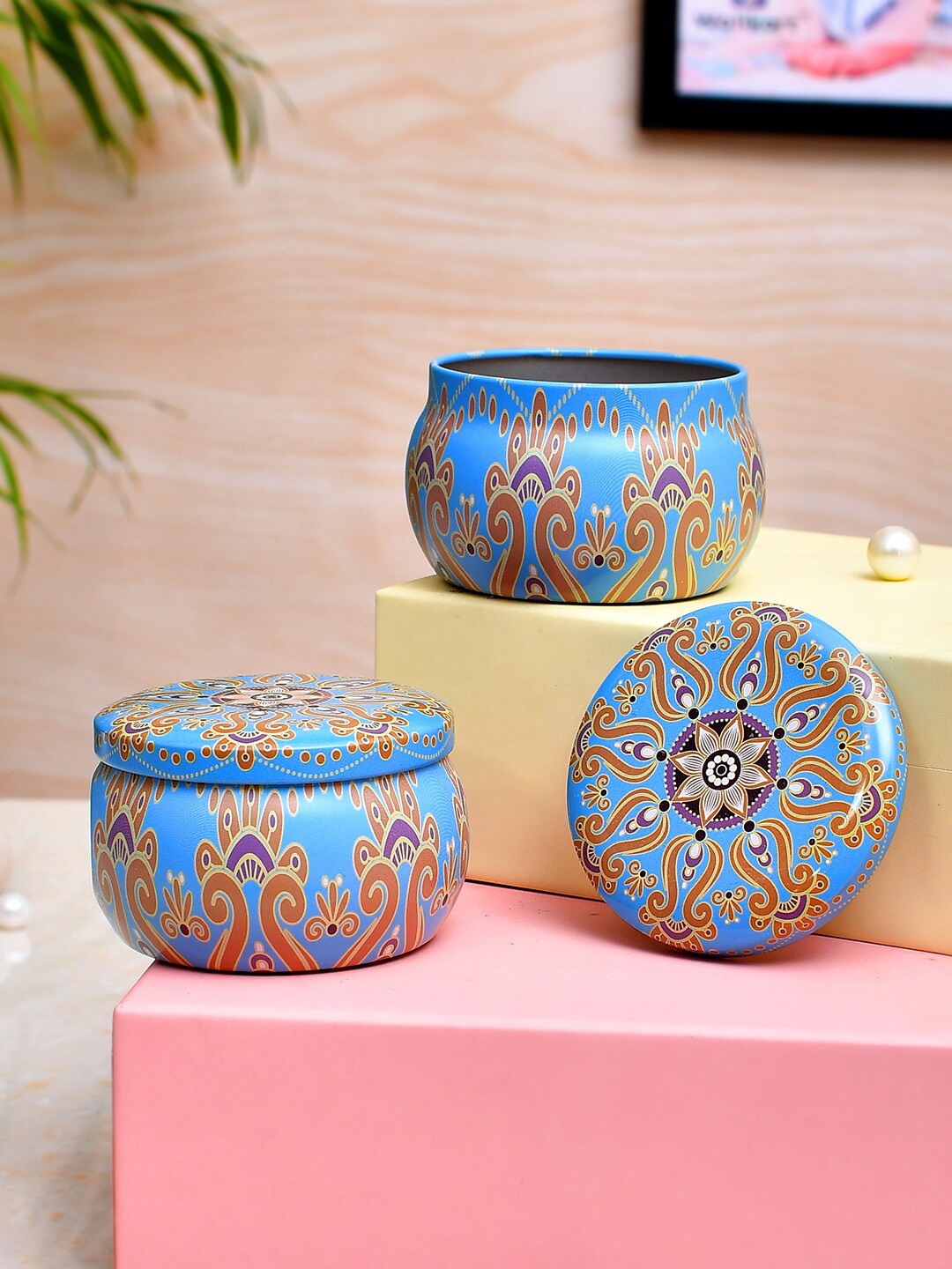 

TAYHAA Blue& Gold Printed Serenity Candle Jars With Lids