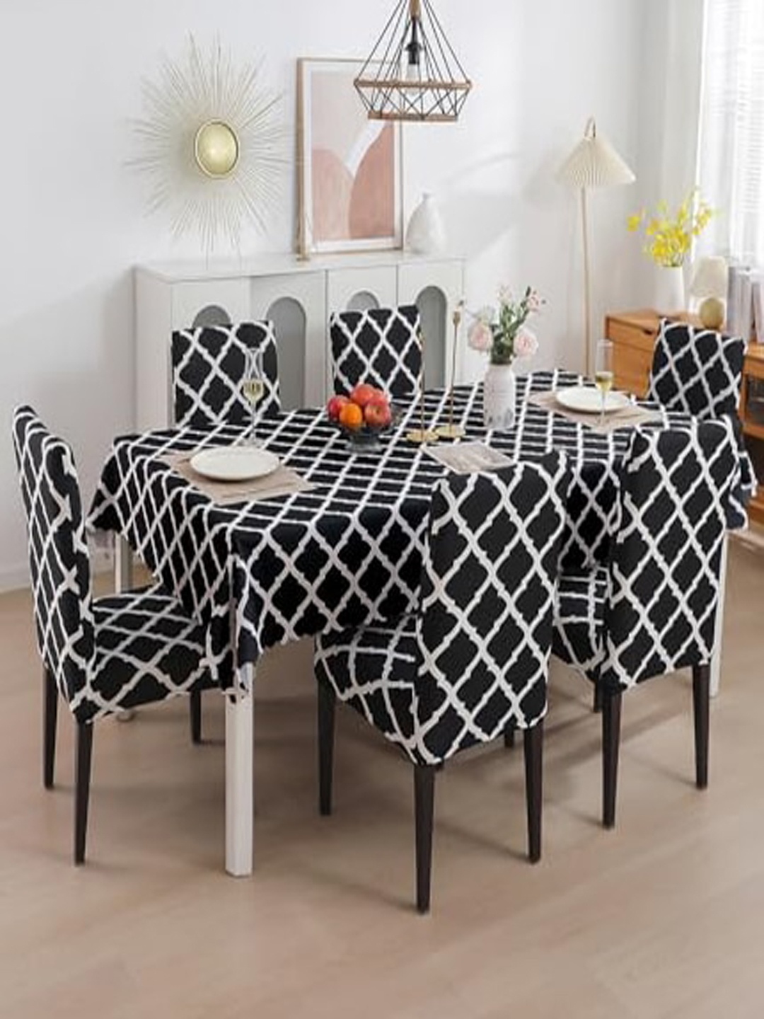 

HOUSE OF QUIRK Black Printed (86.6" x 55") Waterproof Table Cover with 6 Chair Covers