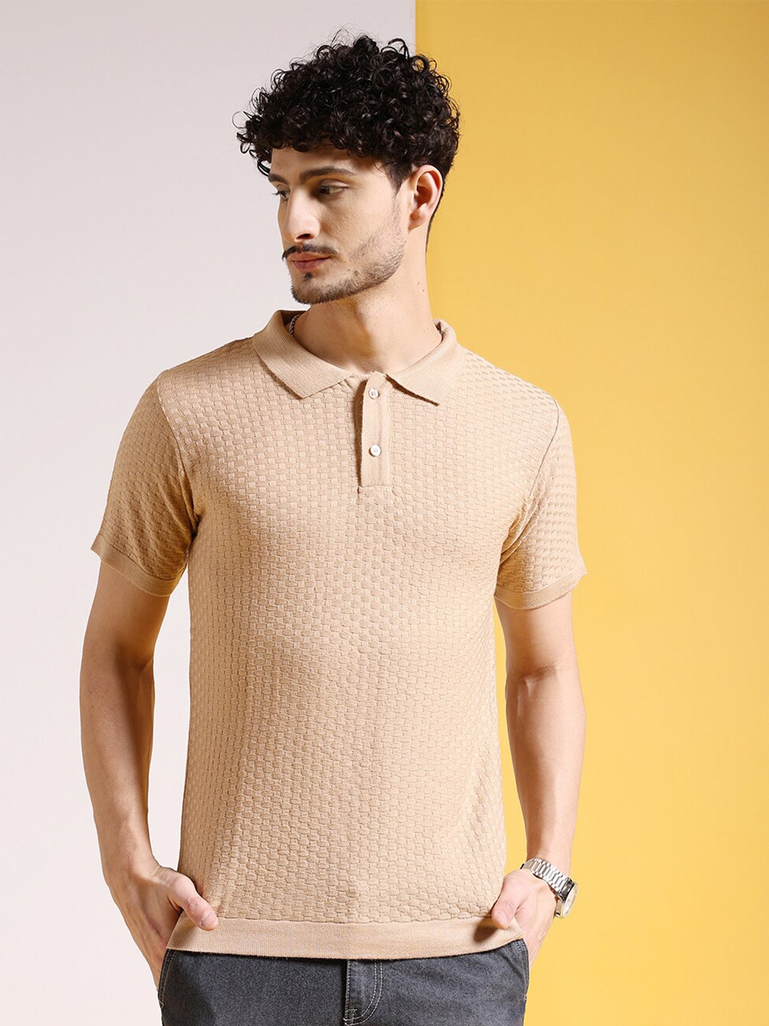 

The Indian Garage Co Flat Knit Self Design Polo Collar Pullover, Beige