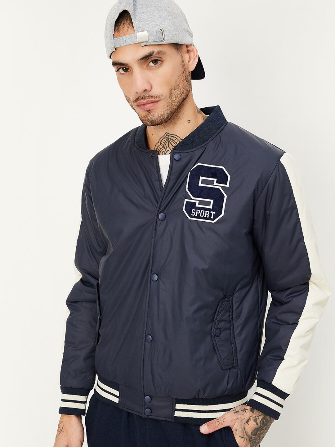 

max Stand Collar Bomber Jacket, Navy blue