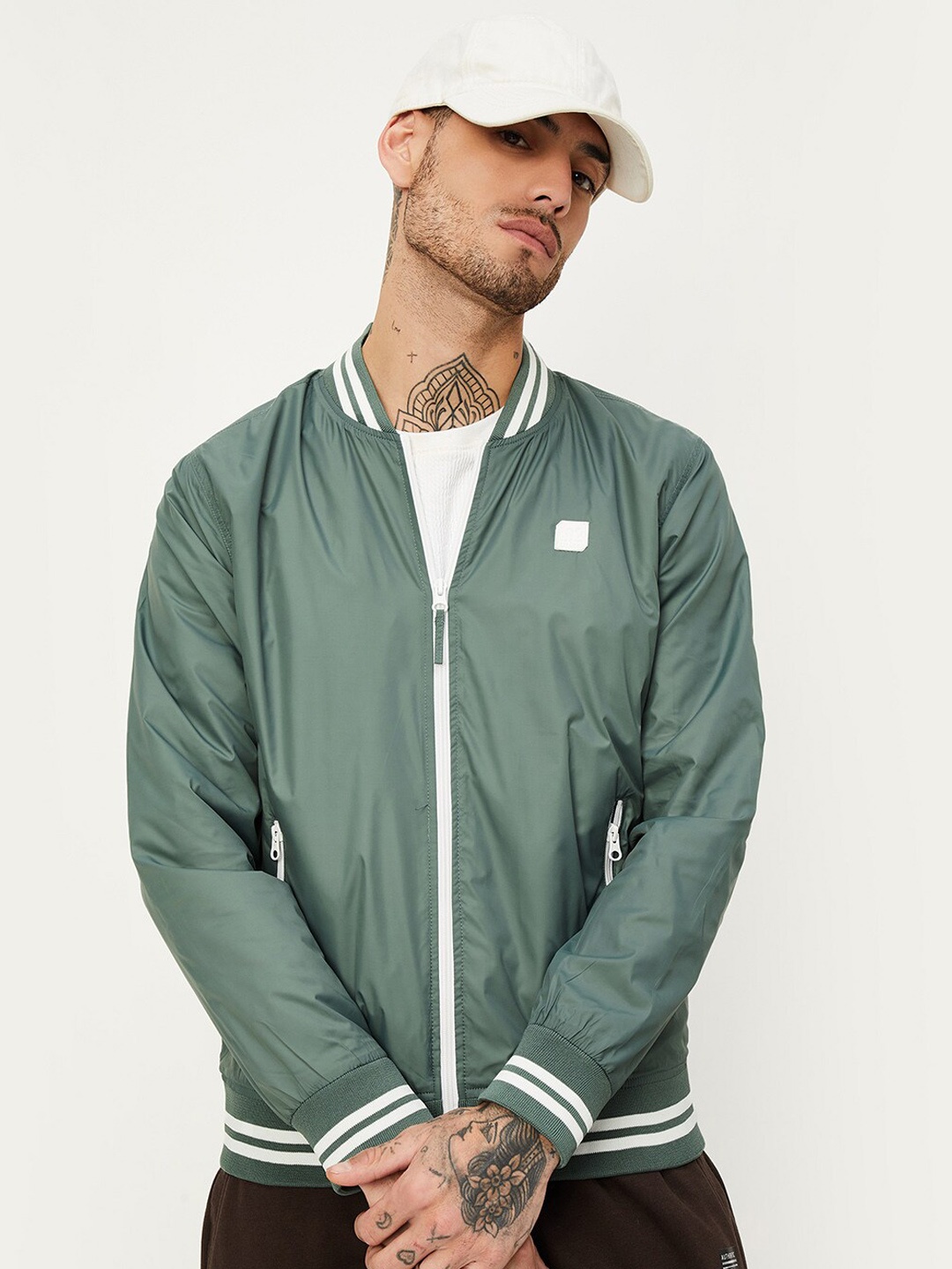 

max Stand Collar Zip Detail Varsity Jacket, Green