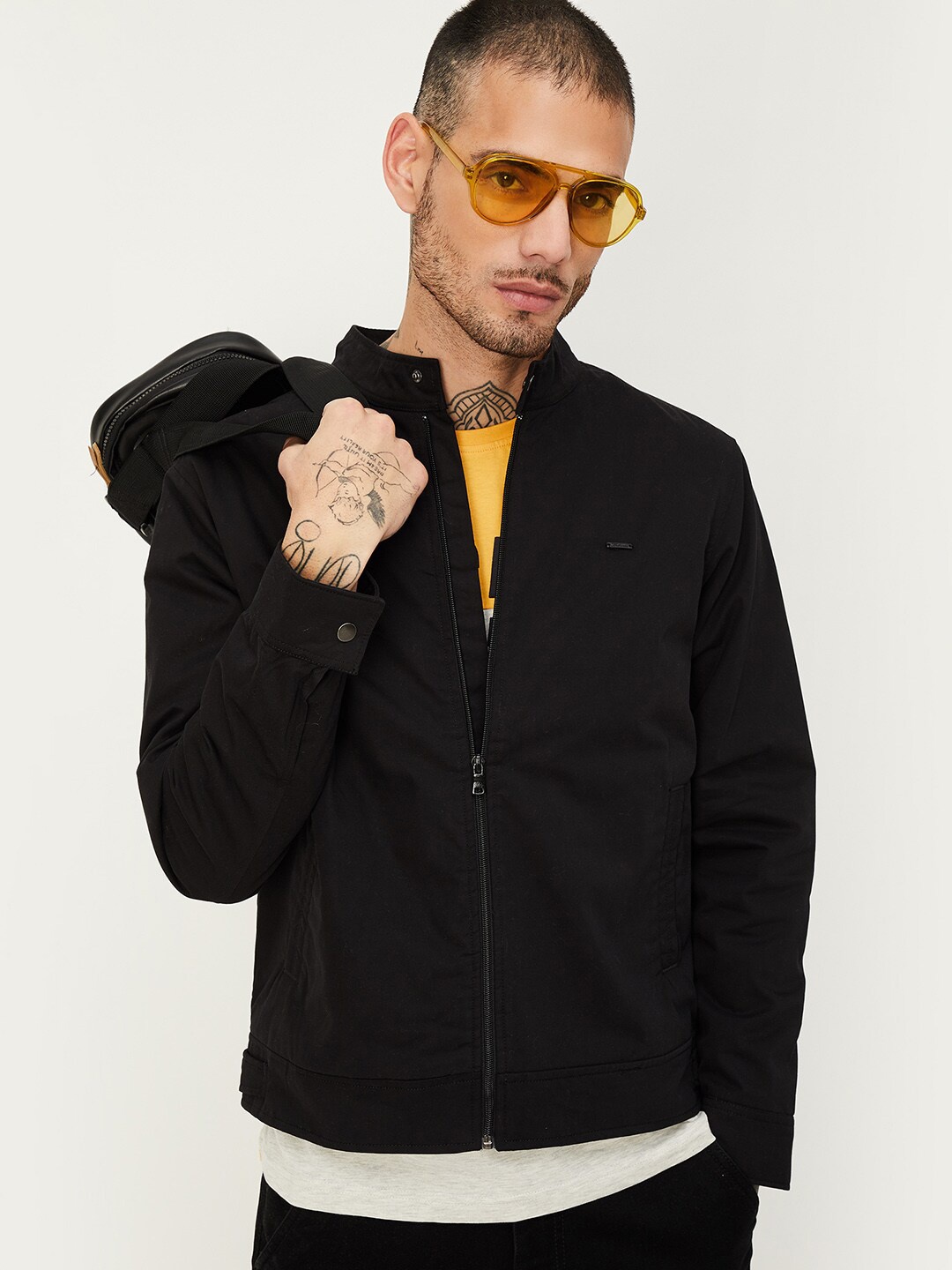 

max Mandarin Collar Pure Cotton Bomber Jacket, Black