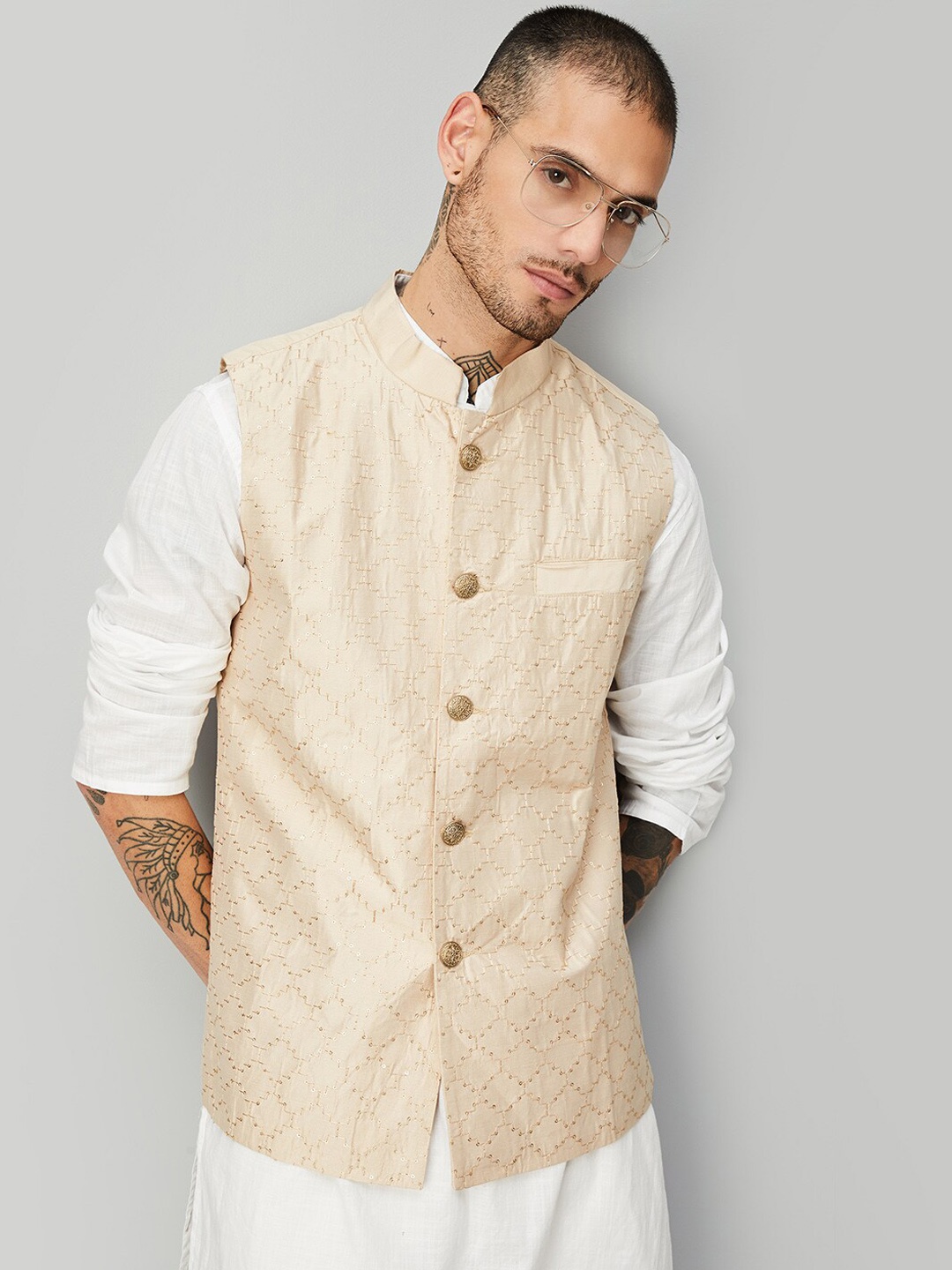 

max Embroidered Mandarin Collar Sequined Nehru Jacket, Beige