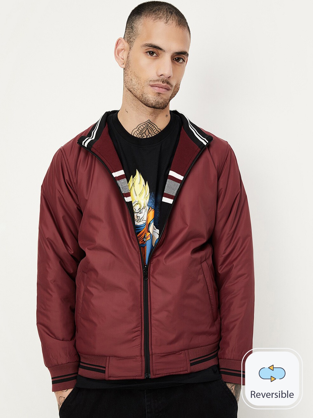 

max Colourblocked Stand Collar Bomber Jacket, Maroon