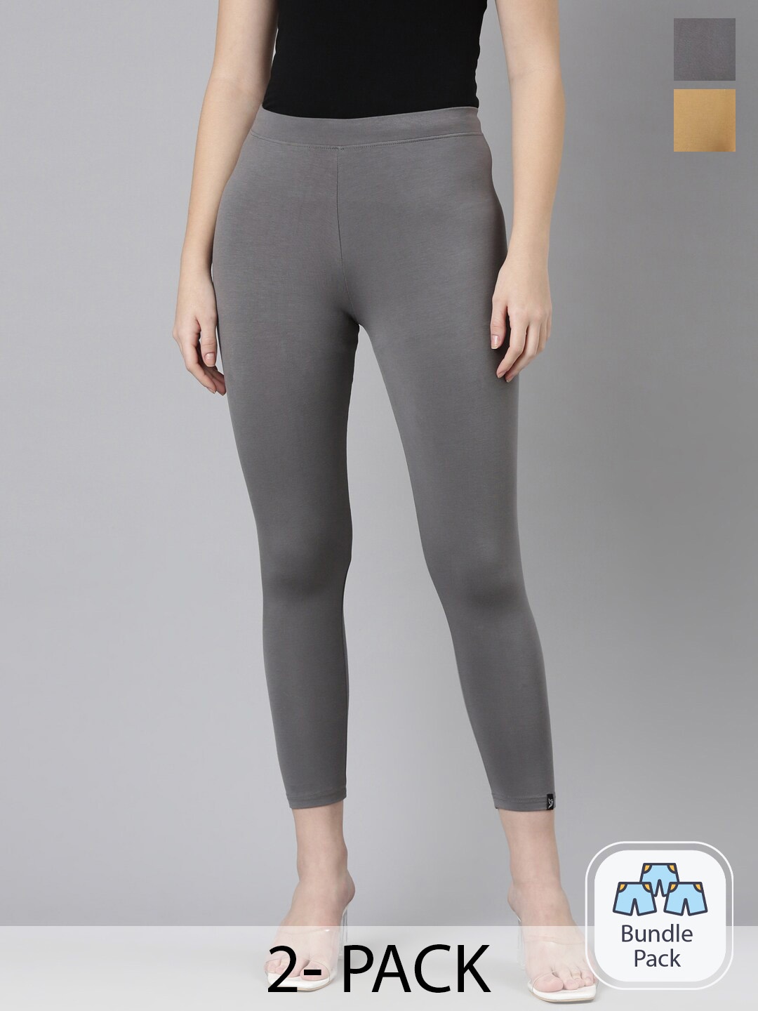 

Twin Birds Pack Of 2 Women Solid Skinny Fit High Ankle Cropped Leggings, Beige