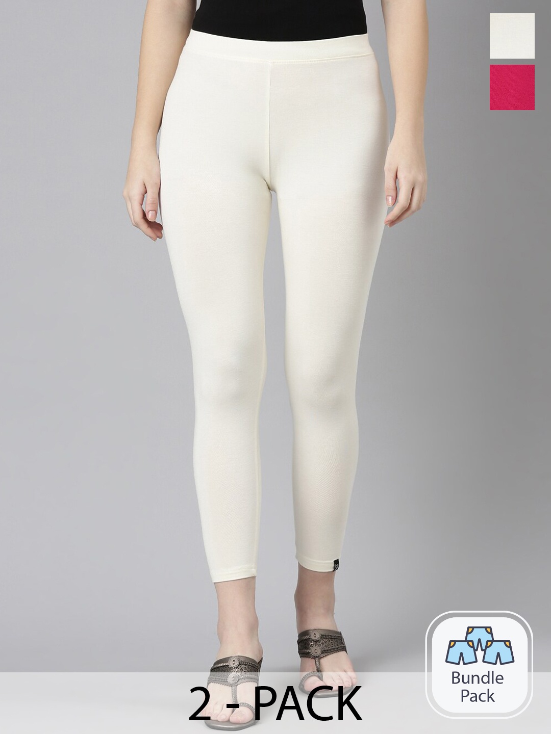 

Twin Birds Pack Of 2 Women Solid Skinny Fit High Ankle Cropped Leggings, Pink