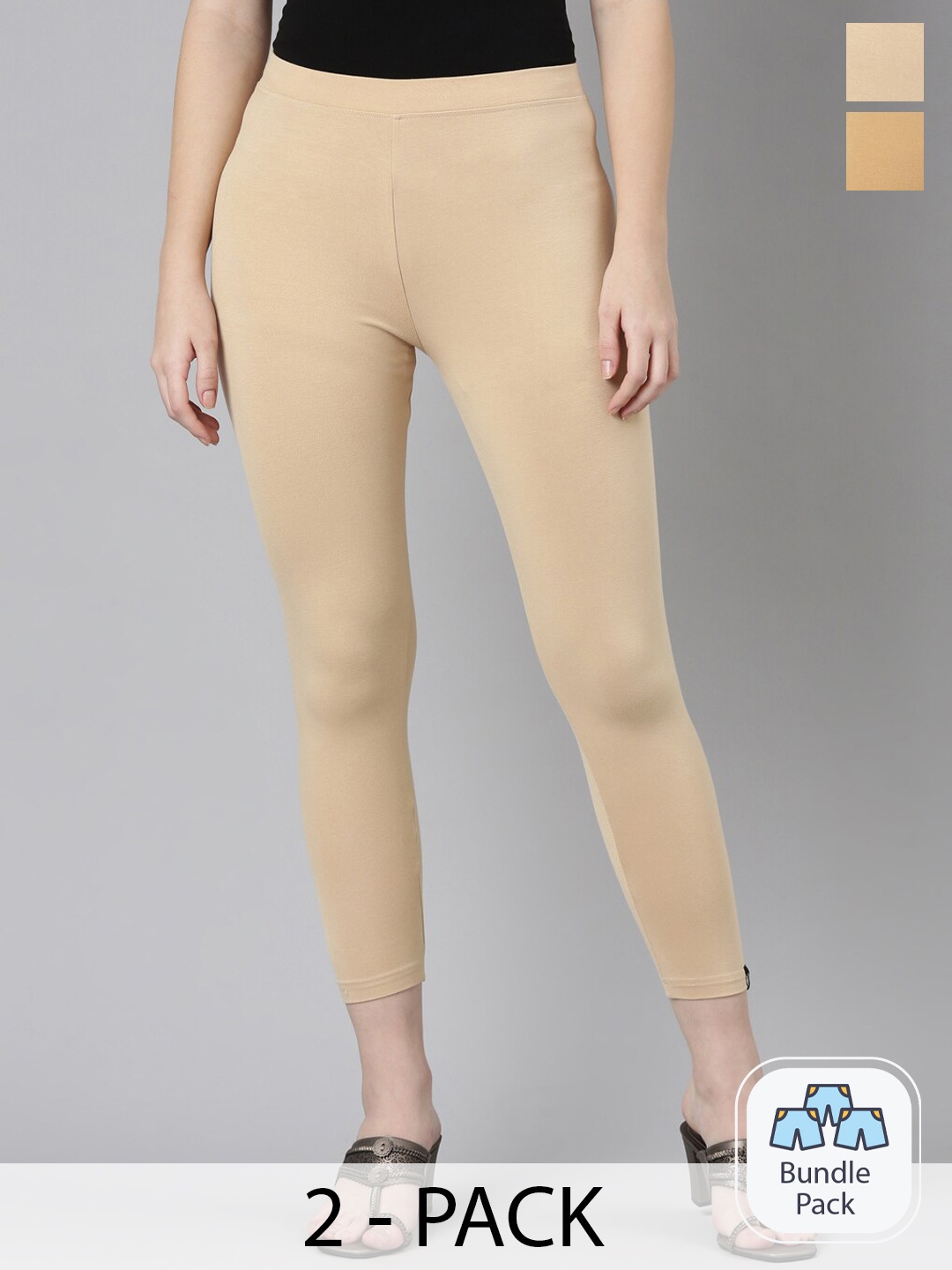 

Twin Birds Pack Of 2 Women Solid Skinny Fit High Ankle Cropped Leggings, Beige