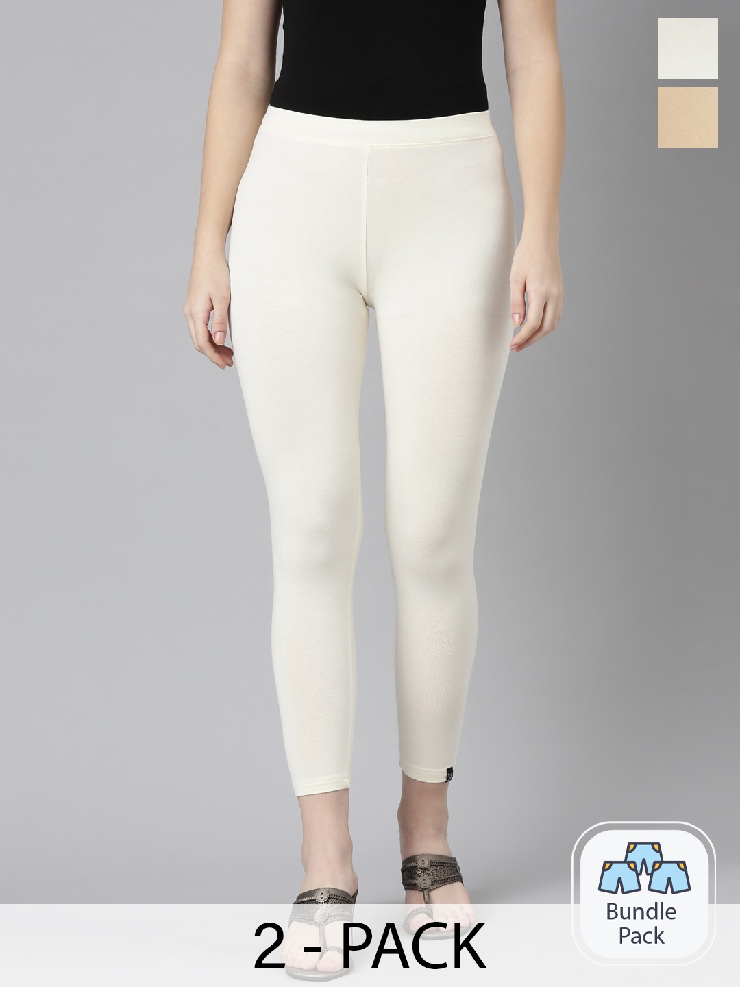 

Twin Birds Pack Of 2 Women Solid Skinny Fit High Ankle Cropped Leggings, Beige