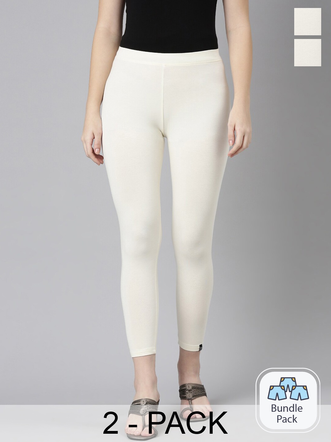 

Twin Birds Pack Of 2 Women Solid Skinny Fit High Ankle Cropped Leggings, White