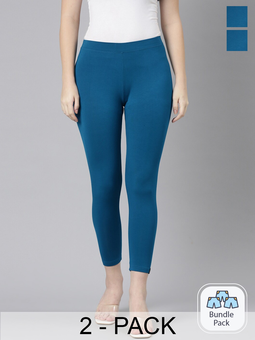 

Twin Birds Pack Of 2 Women Solid Skinny Fit High Ankle Cropped Leggings, Teal