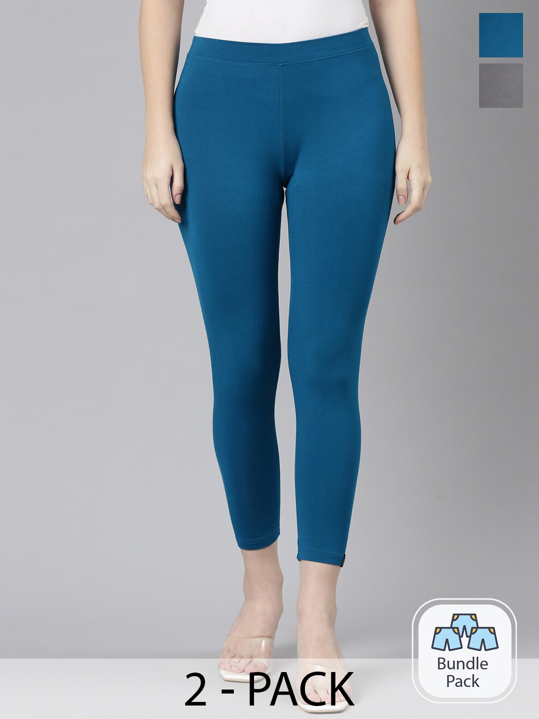

Twin Birds Pack Of 2 Women Solid Skinny Fit High Ankle Cropped Leggings, Teal