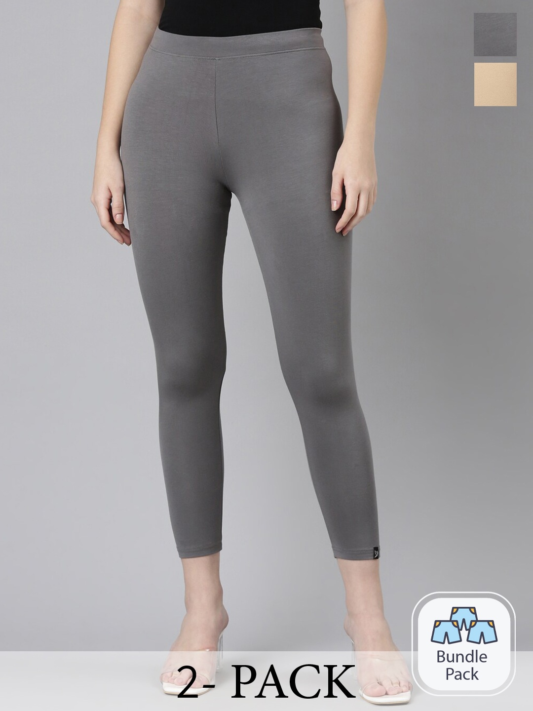 

Twin Birds Pack Of 2 Women Solid Skinny Fit High Ankle Cropped Leggings, Grey