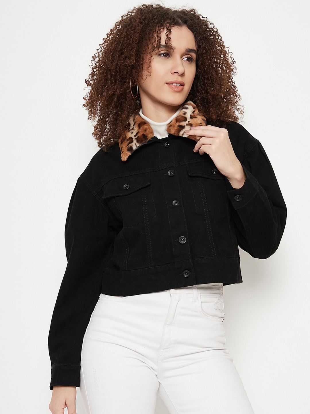 

Madame Spread Collar Crop Cotton Denim Jacket, Black