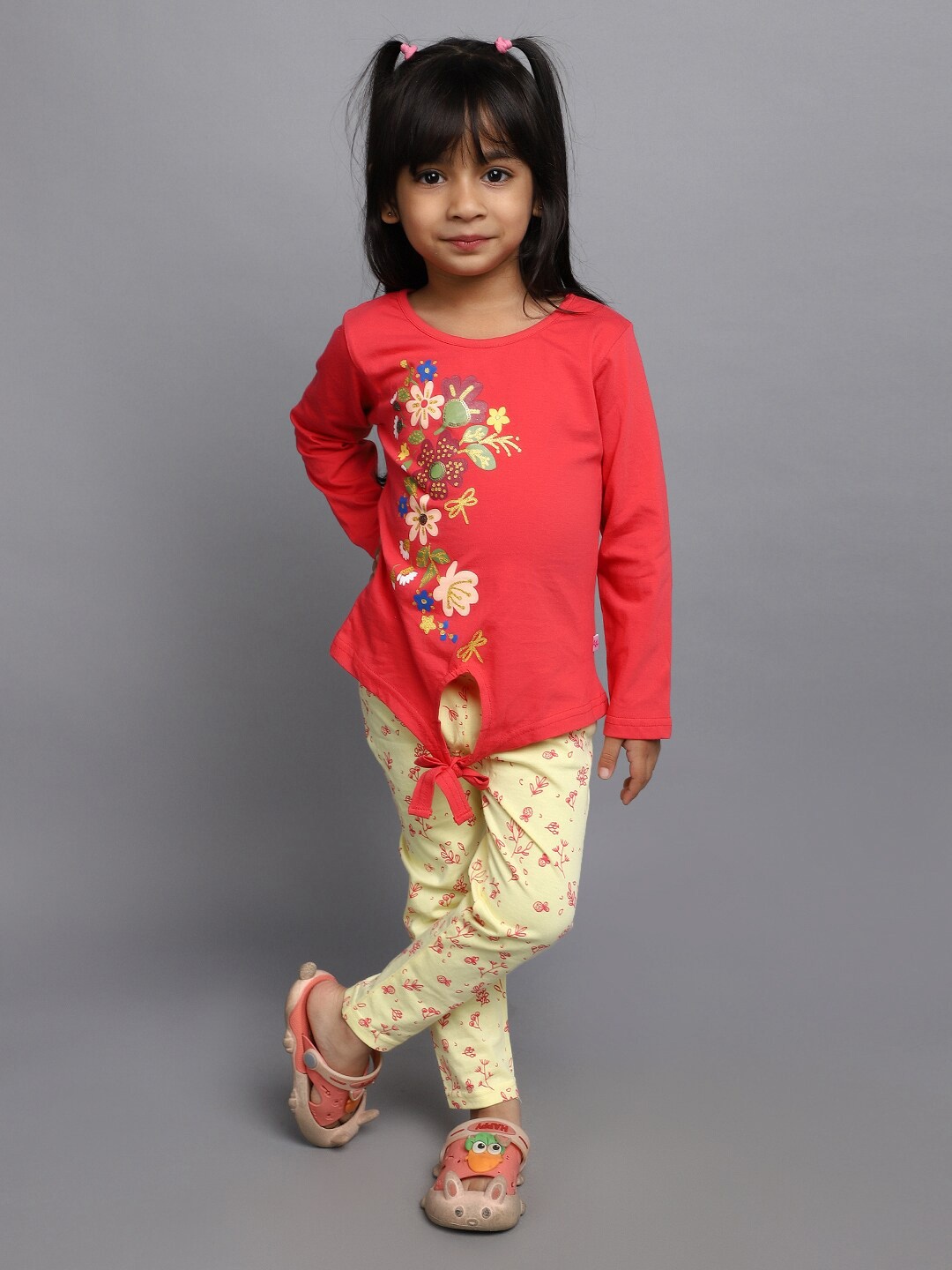 V-Mart Girls Floral Printed Top With Leggings, Coral