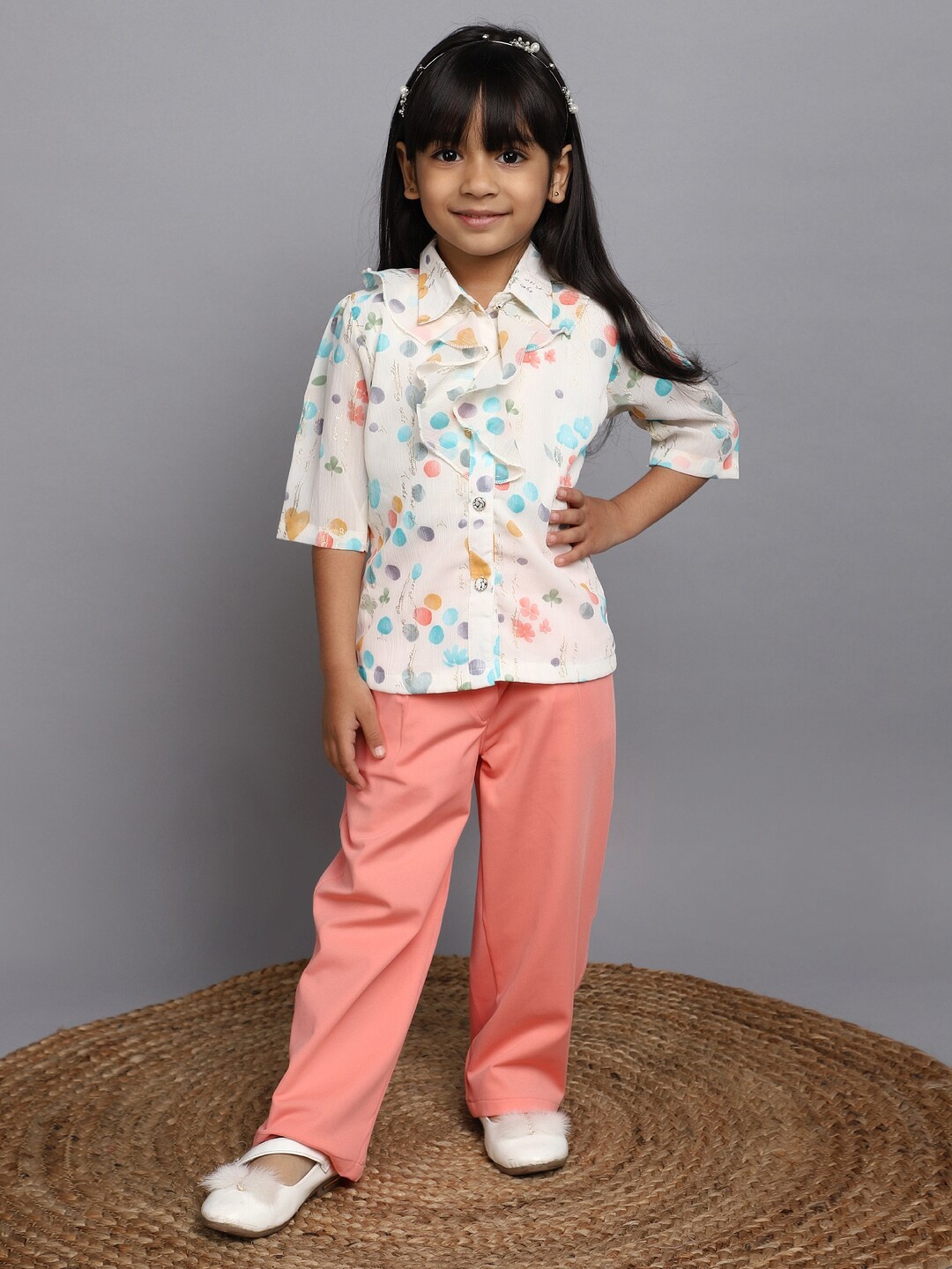 

V-Mart Girls Printed Top with Trousers, White