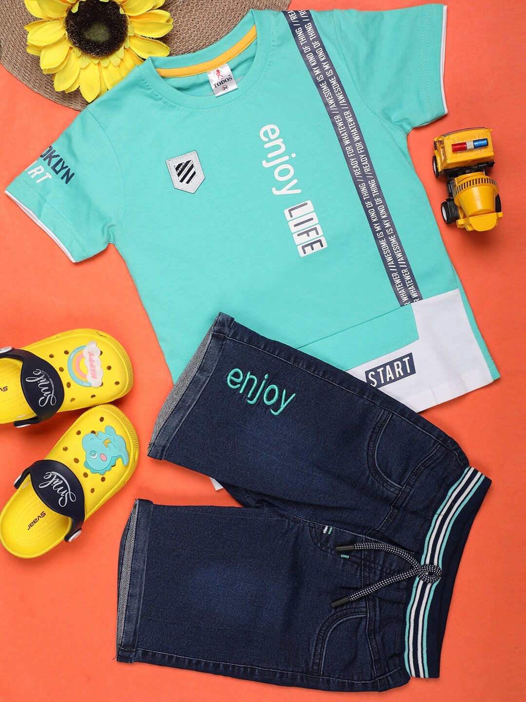 

V-Mart Boys Typography Printed Knit-Denim T-Shirt With Shorts, Sea green