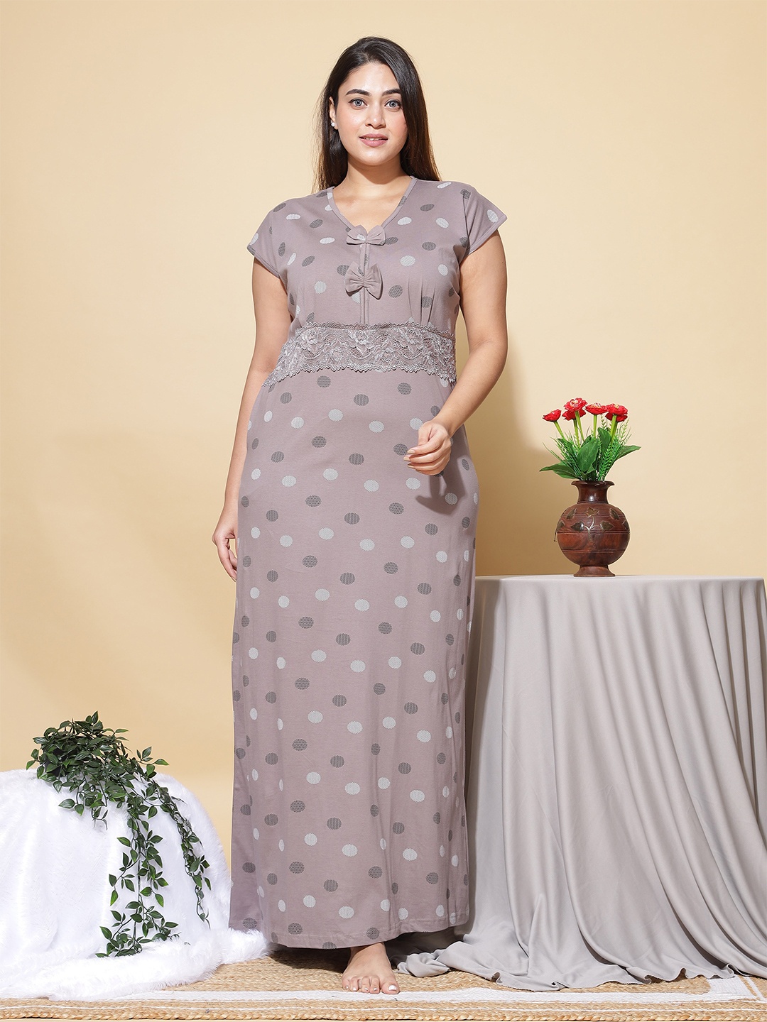 

9shines Label Geometric Printed Pure Cotton Maxi Nightdress, Grey