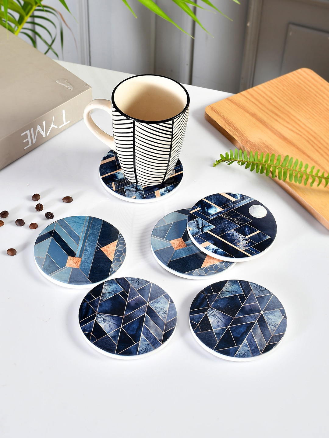 

TAYHAA Blue & Brown 6 Pieces Geometric Printed Circular Ceramic Coasters