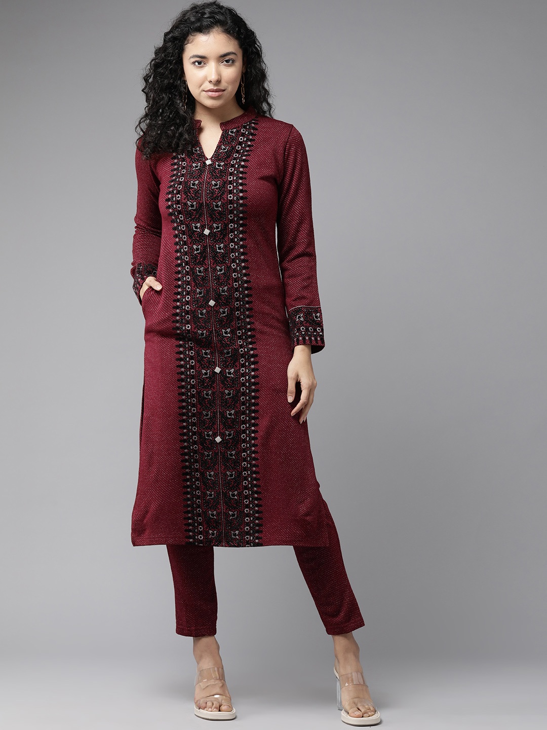 

Cayman Floral Embroidered Panelled Pure Wool Kurta with Trousers, Maroon