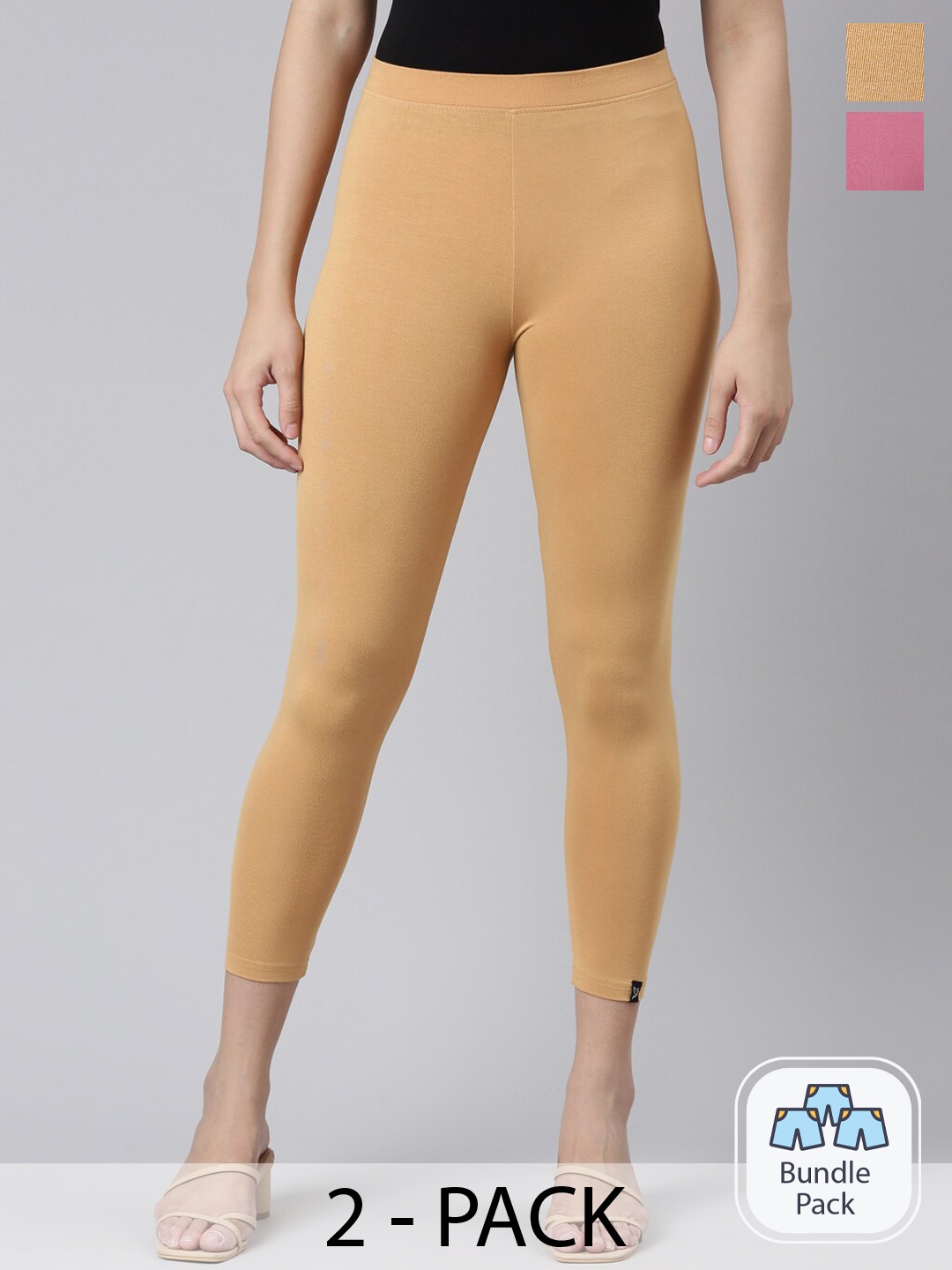 

Twin Birds Pack Of 2 Women Solid Skinny Fit High Ankle Cropped Leggings, Pink
