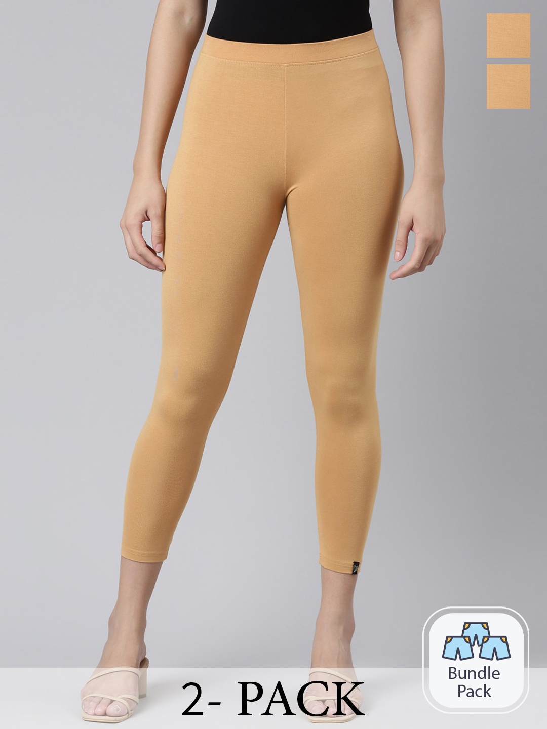 

Twin Birds Pack Of 2 Women Solid Skinny Fit High Ankle Cropped Leggings, Beige