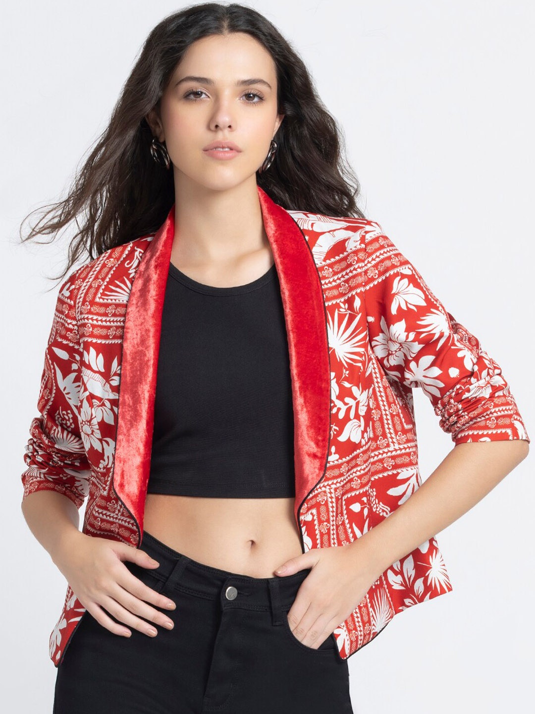 SHAYE Floral Printed Open Front Casual Blazer, Red