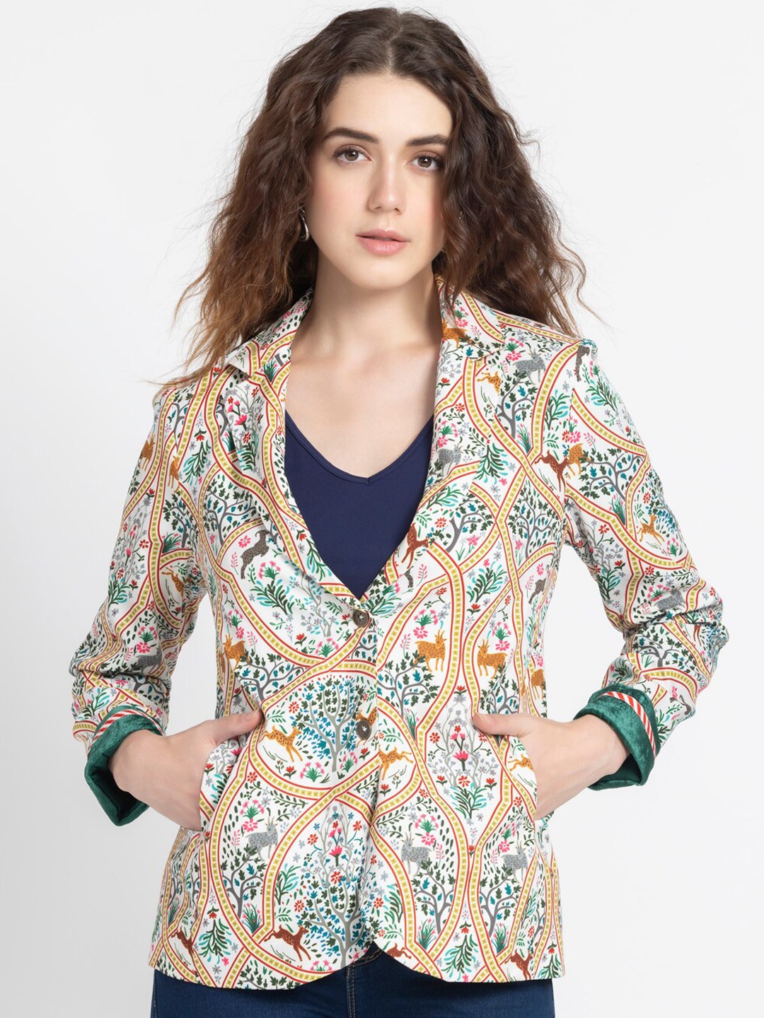 

SHAYE Floral Printed Slim-Fit Single-Breasted Casual Blazer, White