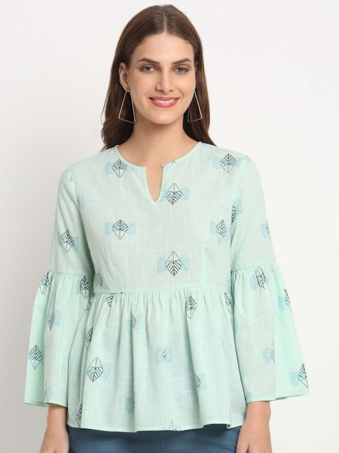 

FAABRIQ Conversational Print Bell Sleeve Pure Cotton Peplum Top, Sea green