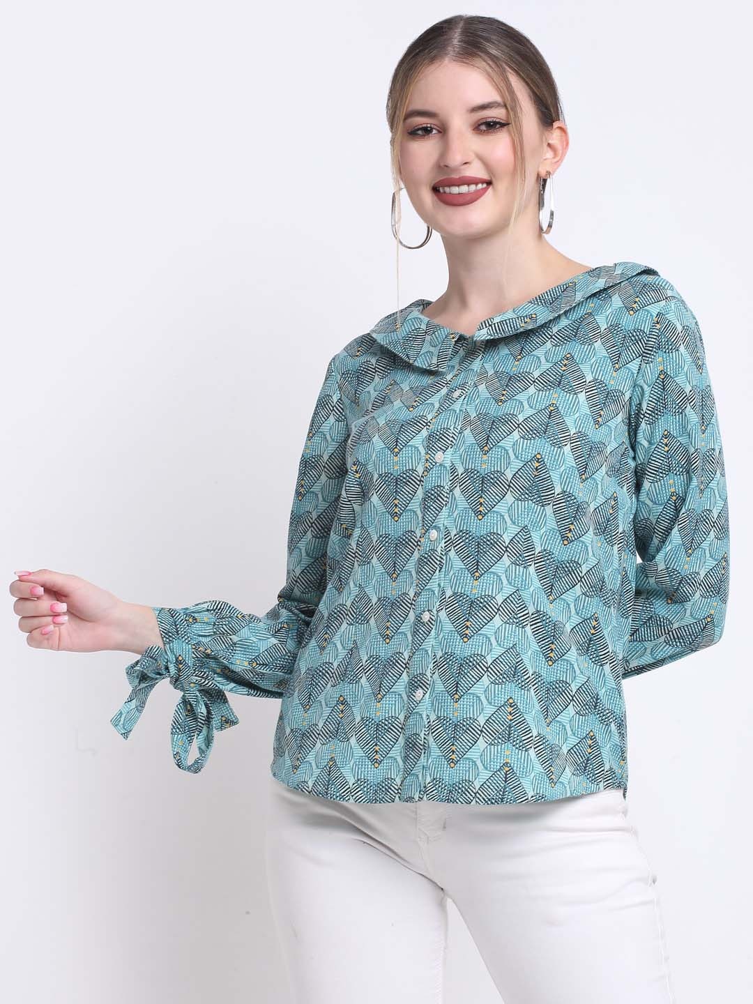 

FAABRIQ Conversational Print Peter Pan Collar Pure Cotton Top, Blue