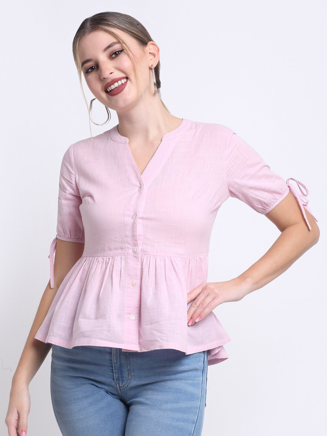 

FAABRIQ Mandarin Collar Pure Cotton Peplum Top, Pink