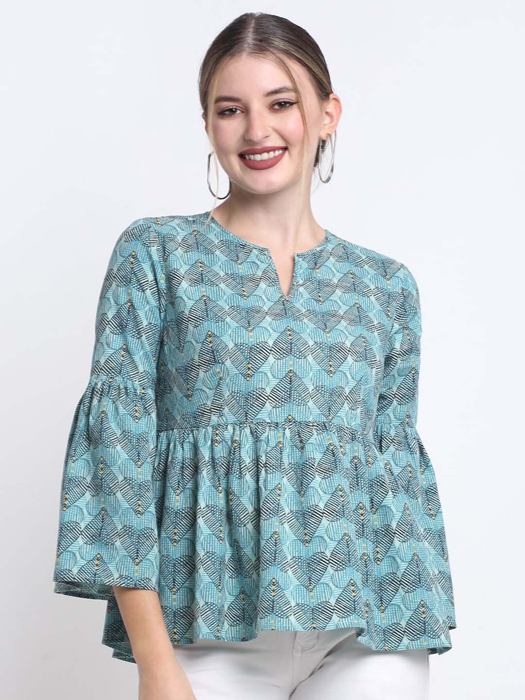 

FAABRIQ Conversational Printed Mandarin Collar Bell Sleeve Pure Cotton Peplum Top, Blue