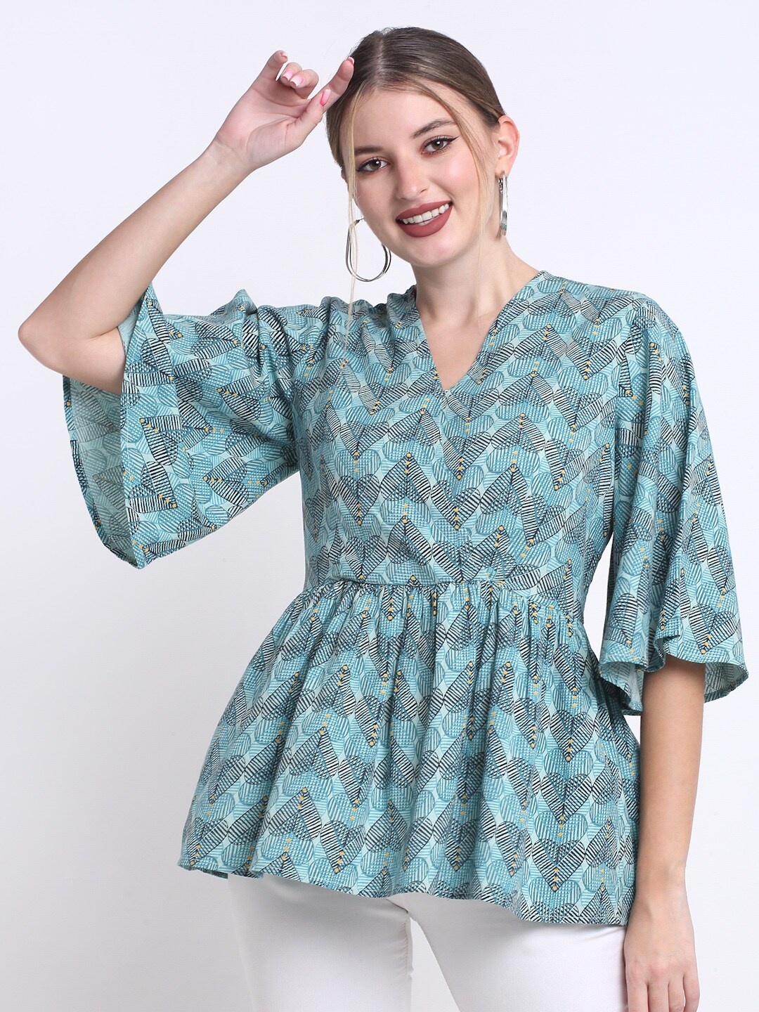 

FAABRIQ Geometric Printed V- Neck Bell Sleeve Pure Cotton Wrap Top, Blue