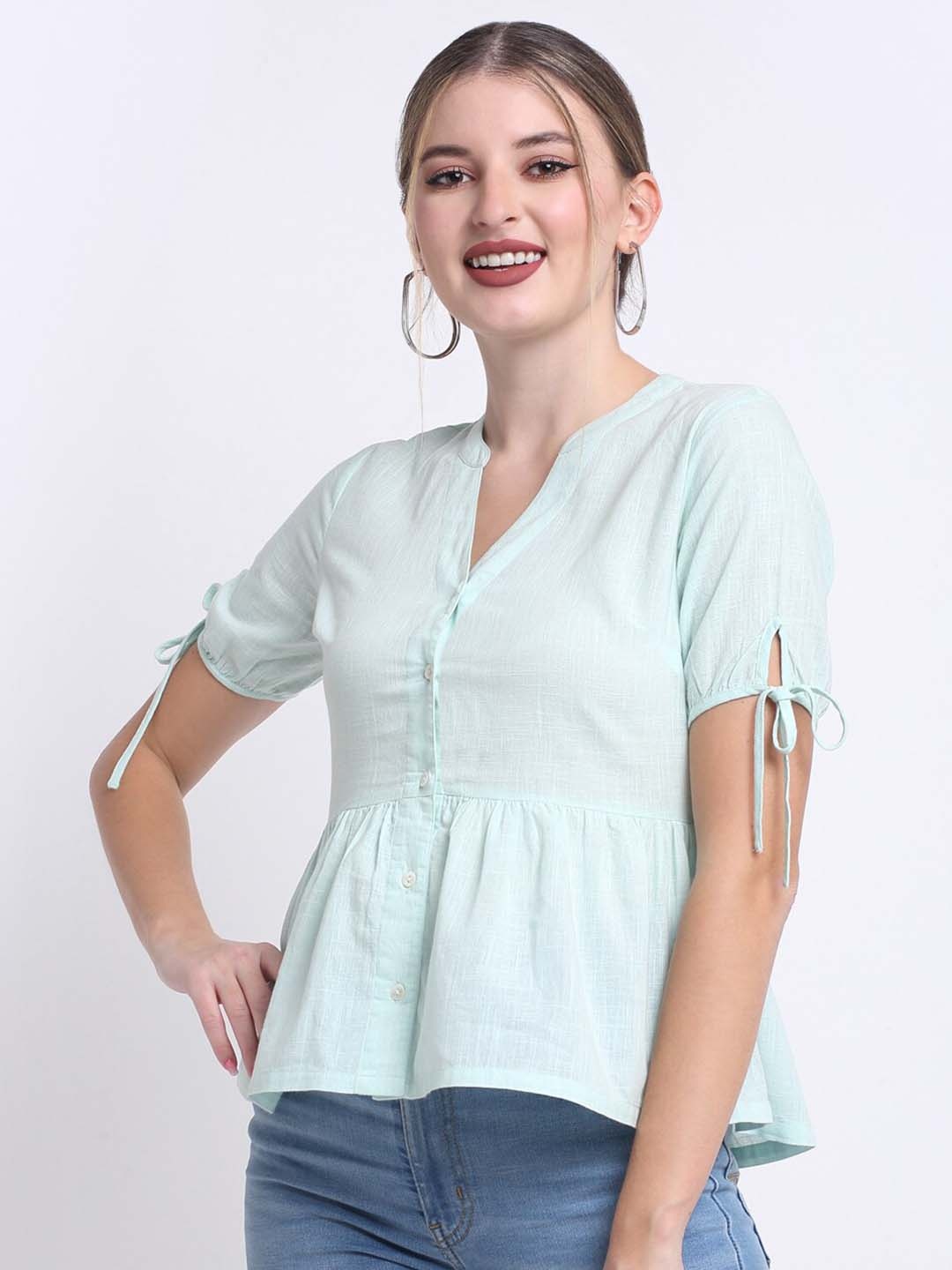 

FAABRIQ Mandarin Collar Gathered Detail Pure Cotton A-Line Top, Blue